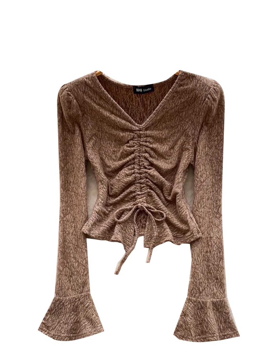 Top in maglia plissettata retrò V-Ne Dstring Faionable da donna lungo Sve dimagrante pendolarismo versatile irt Trendy