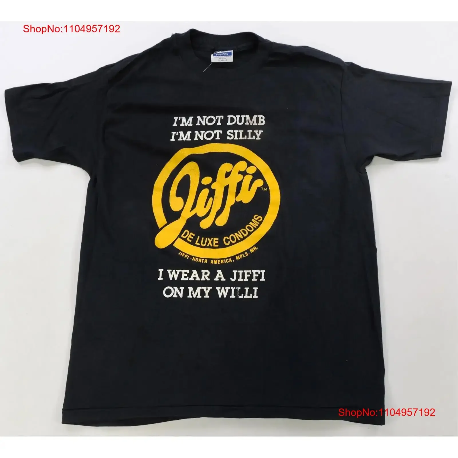 Raro Vintage I Wear A Jiffi De Luxe condones en mi Willi camiseta 80s negro SZ XL vintage lavado streetwear Unisex