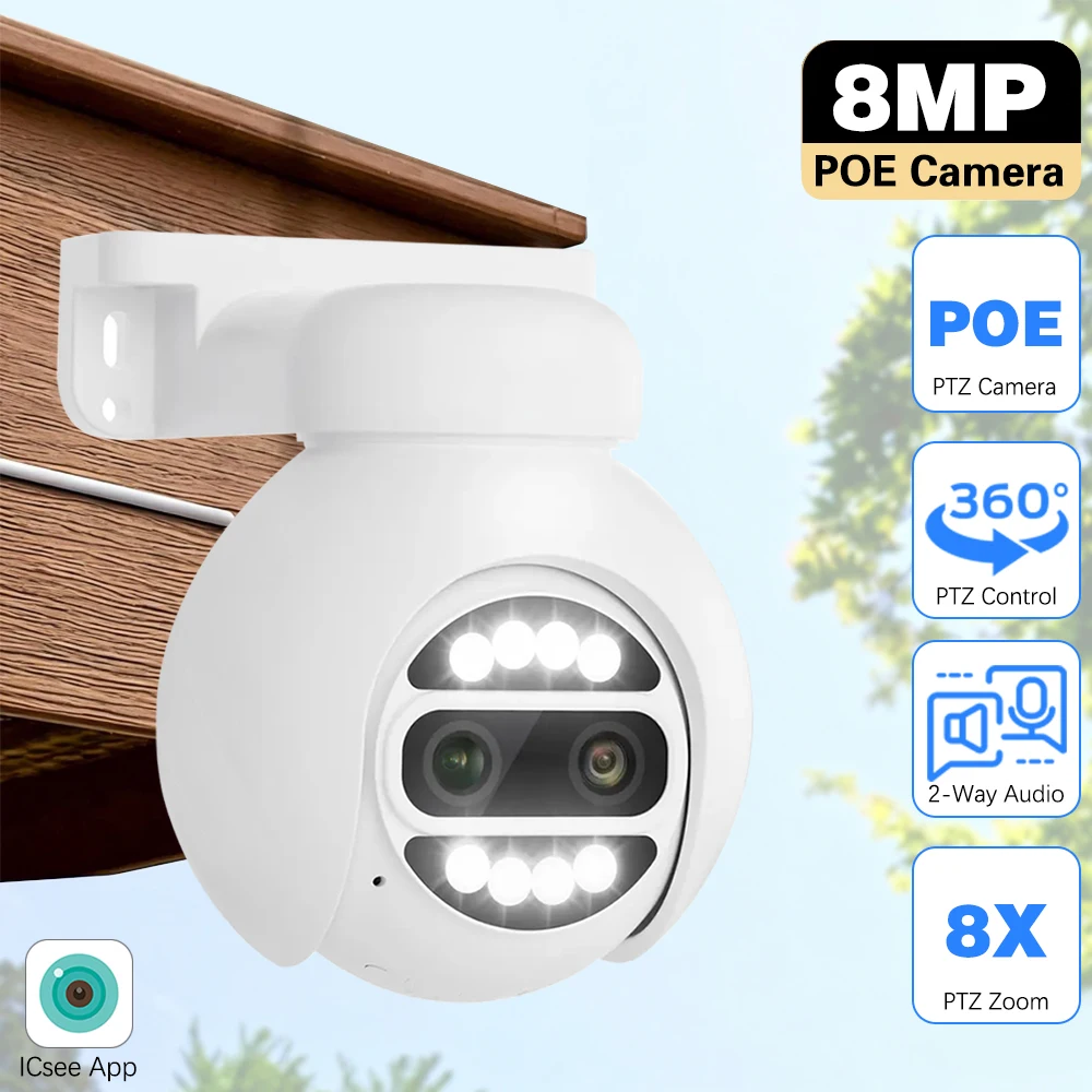 

ICSee 8MP 4K 8X Digital Zoom Dual Lens POE PTZ Camera Two-Way Audio Human Detection Security Video Surveillance CCTV IP Cameras