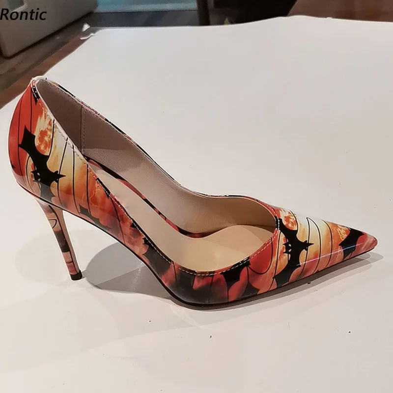 

Rontic/женские весенние туфли-лодочки ручной работы без шнуровки с цветочным принтом на шпильке с острым носком, красивые оранжевые туфли, женские размеры США 5-13