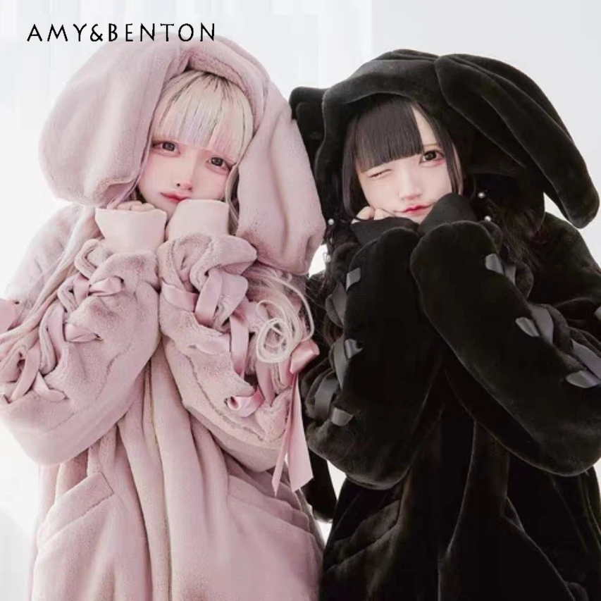 

2025 Winter New Japanese Style Soft Girl Cute Bunny Ear Plush Coat Thickened Warm Eco-Friendly Faux Fur Cotton Jacket