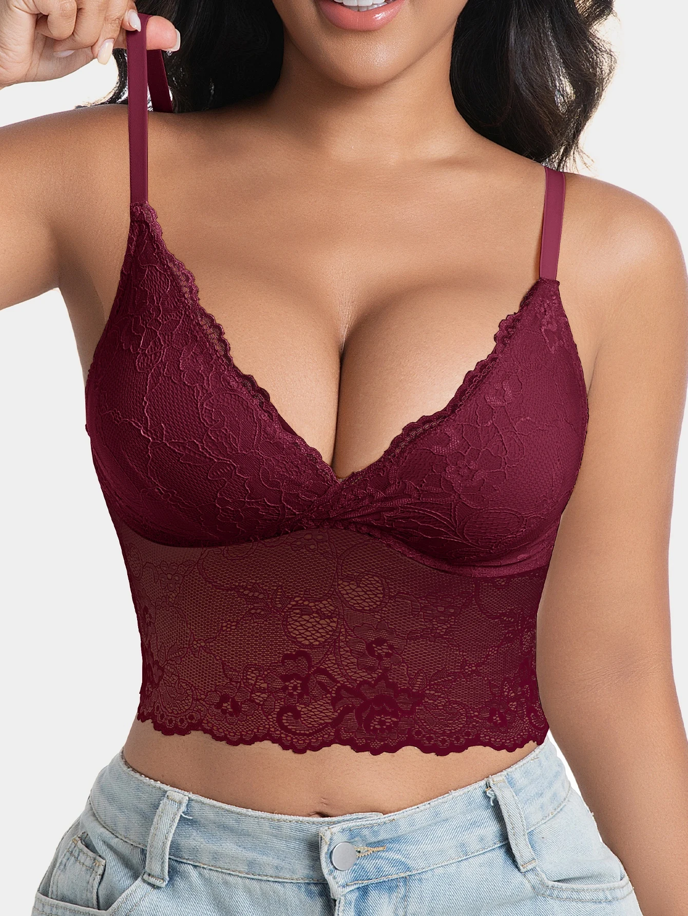 Women's Sexy V-Neck Lace Pattern Splicing Camisole Lightweight Wireless Unpadded Adjustable Straps Soft Lace Hollow-Out Back - view 5