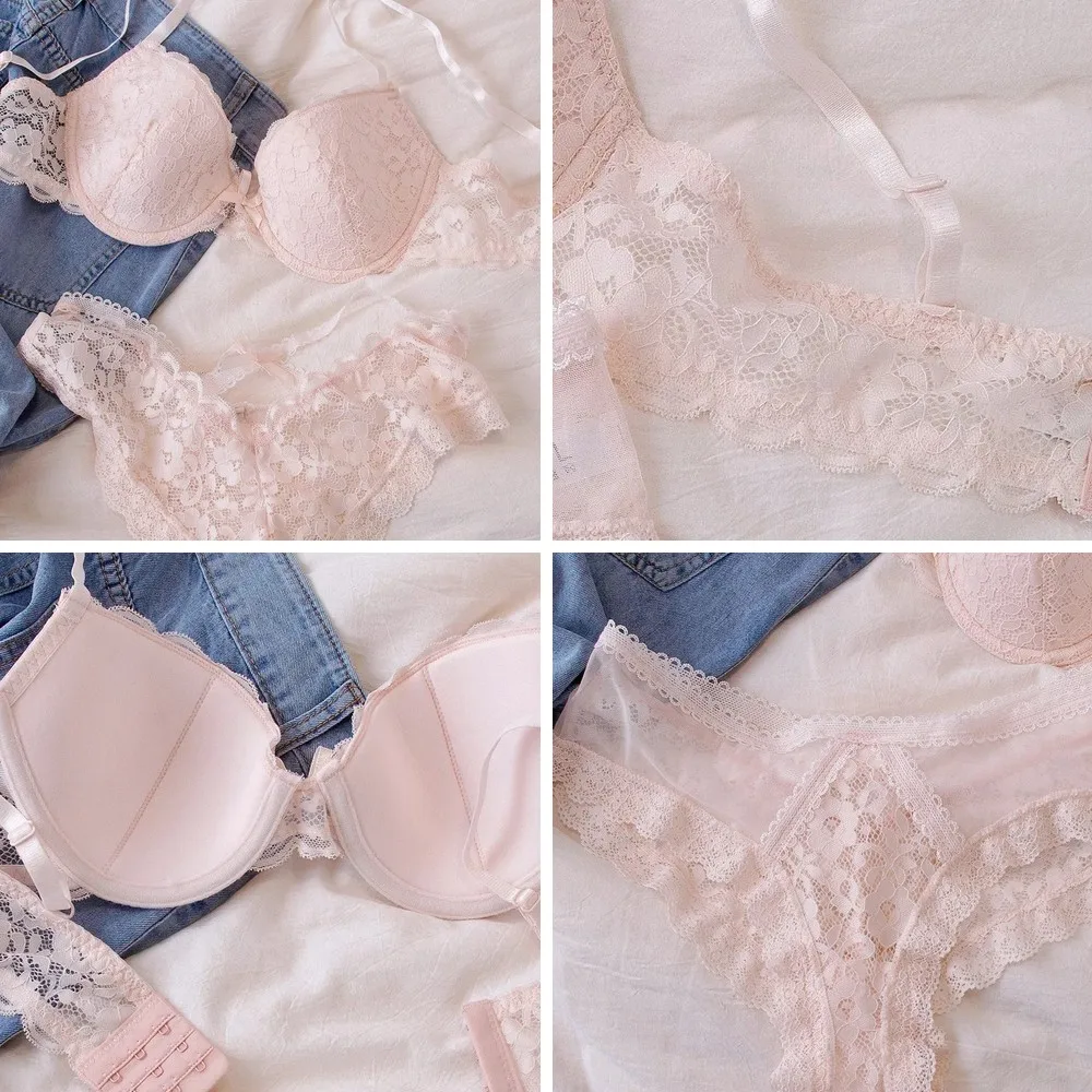 

Pink Lace Women's Sexy Bra Set, Push Up Underwear with Bow & Thin Straps, Large Size