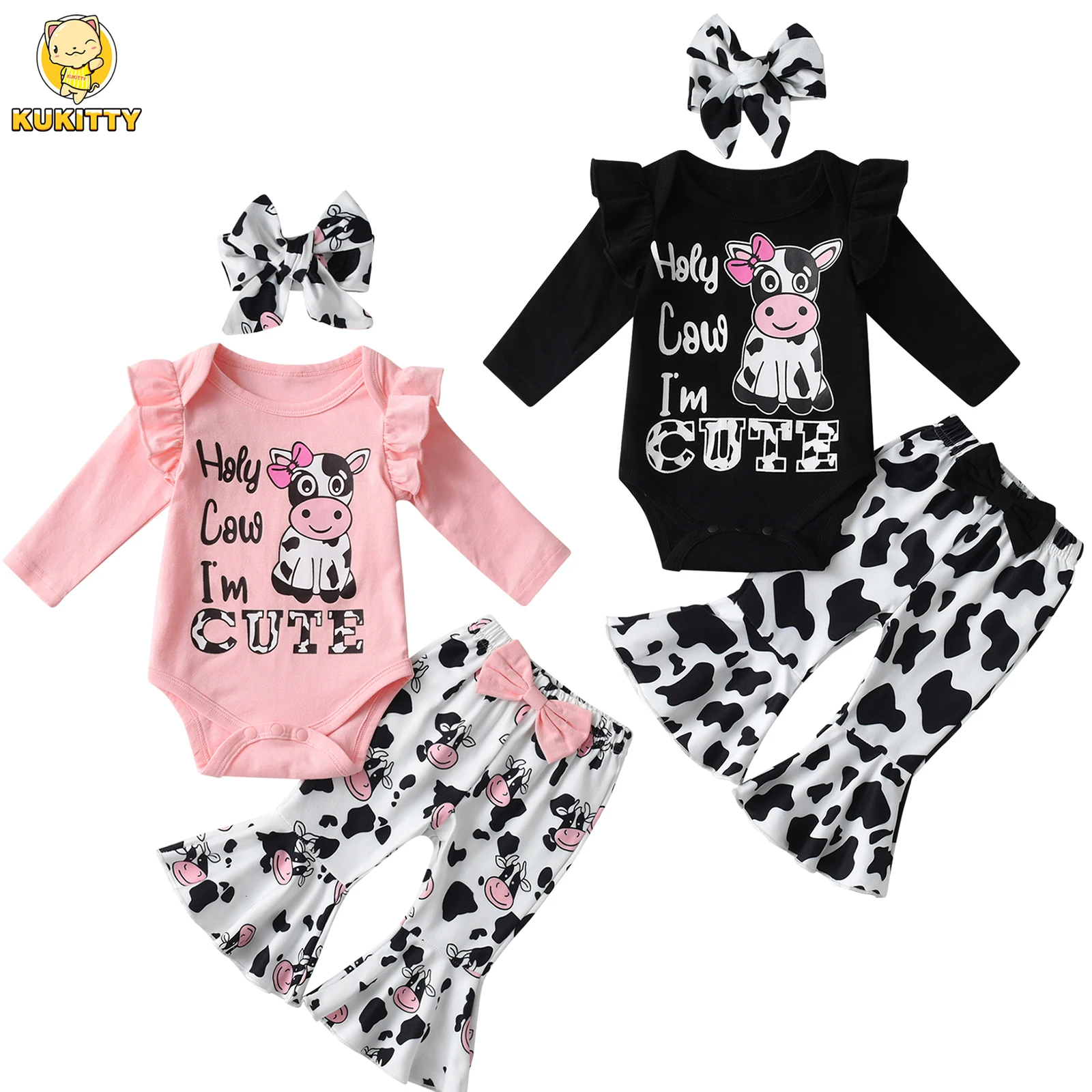 Newborn infant Baby Girls Three-pieces Clothes Set Printed Long Sleeve Bodysuit Top & Bowknot Flared Pants with Headband Outfit