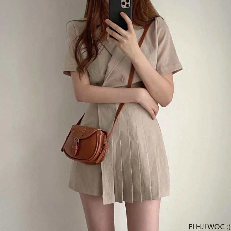 Hot New Design Korean Style High Street Pleated Mini Dresses Women Cute Elegant Office Lady Button Notched Mini Blazer Dress