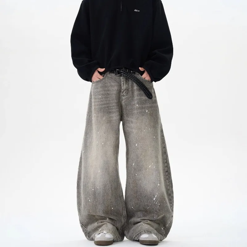 Men Grey Splatter Jeans Straight Leg Loose Curved Wide Leg Washed Vintage High Street Pants Casual Trousers