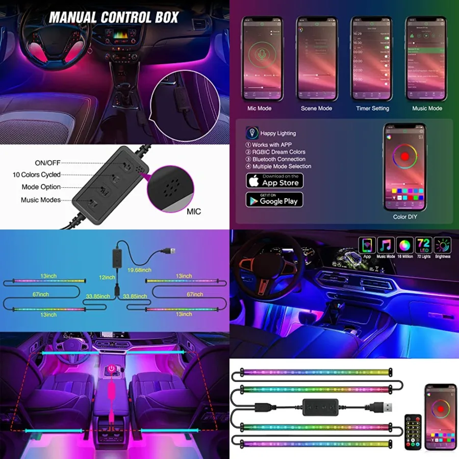 72 LED USB Interior Strip Dream Color -IC 12V DC with RF Control Multicolor Footwell Under Dash Chasing Inside Light Kits 2 Lin