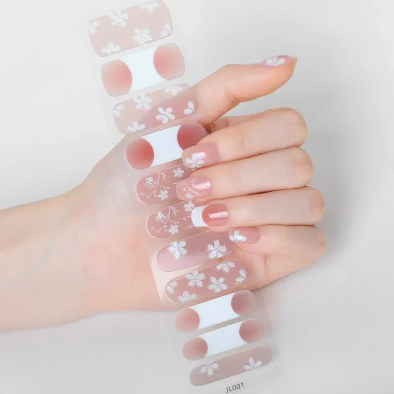 Tiras de uñas de Gel para mujer, pegatinas de calidad para salón de belleza, envolturas de uñas de Gel semiduraderas, 21 piezas