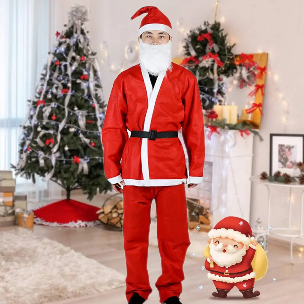 1 Set Christmas Hat Top Pants Cardigan Thicken Festive Contrast Color Fake Bear Santa Claus Clothes for Cosplay