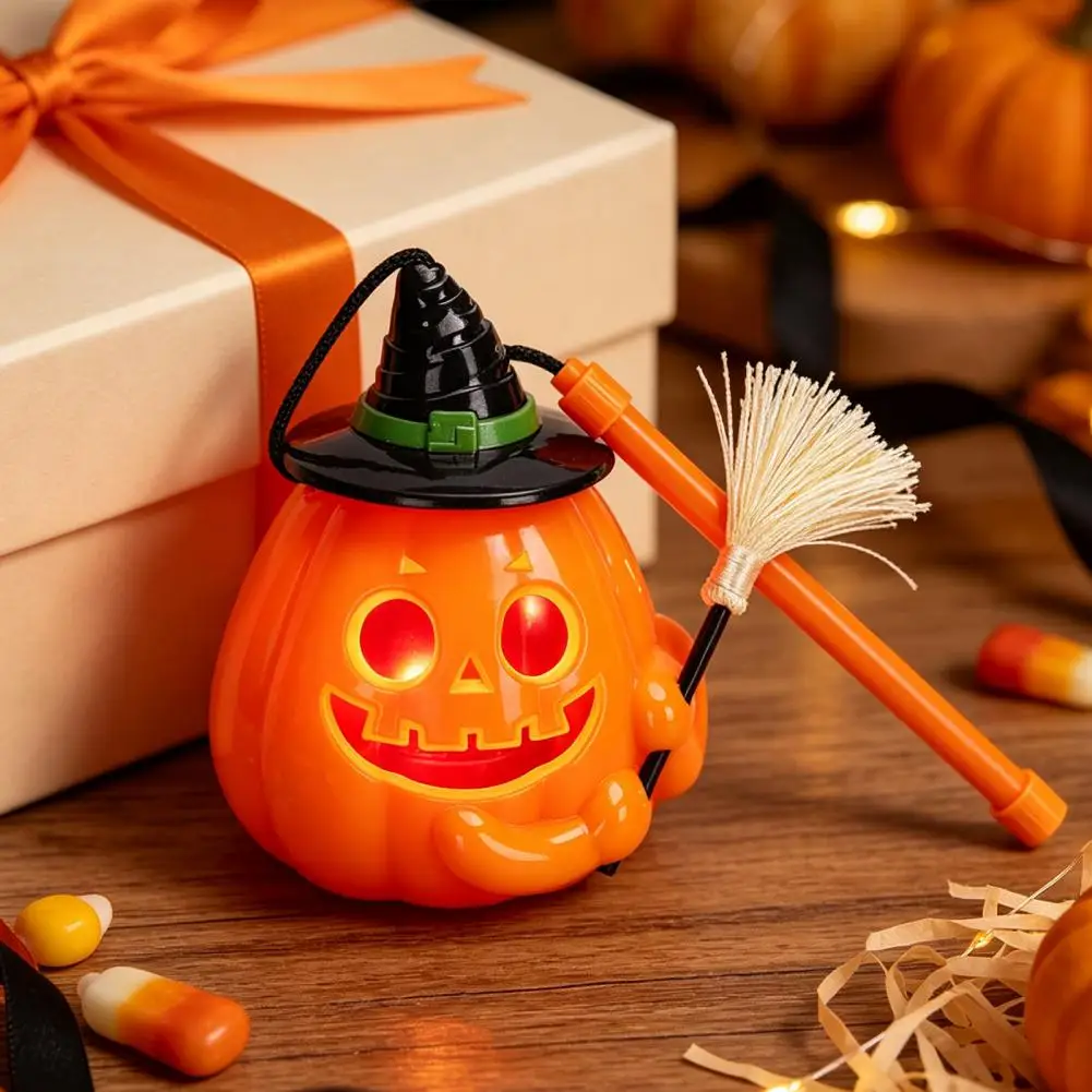 Cute Halloween Pumpkin Toy Glowing Halloween Pumpkin Lantern with Witch Hat Broom Light Up Ceramic Ghost Figurine Cute Led Trick