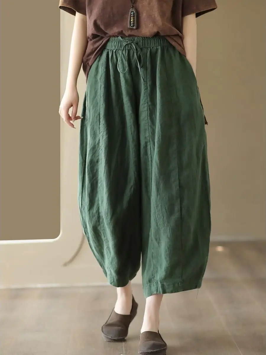 Taille haute coton lin décontracté neuf pièces pantalon ceinturé sarouel ample Vintage ample minceur lanterne pantalon été femmes...