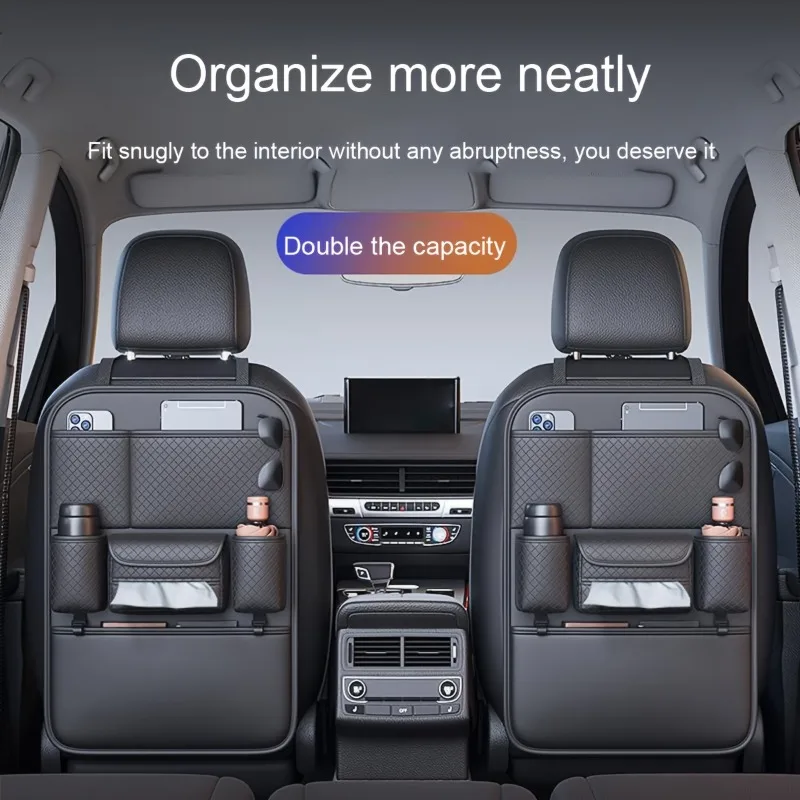 حقيبة تخزين منظمة لمقعد السيارة من الجلد مع حامل صندوق مناديل وحقيبة تعليق متعددة الوظائف لإكسسوارات السيارات الداخلية