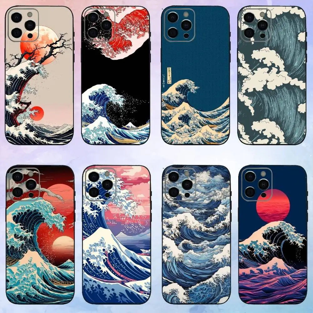 Etui na telefon z motywem Wielkiej Fali w Zatoce Kanagawa dla iPhone'a 17, 16, 15, 14, 13, 12, 11 Plus, Pro Max, miękki czarny pokrowiec