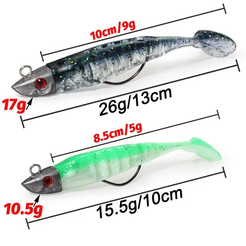 Imagen 2 del producto 3 unids/lote señuelo suave con anzuelo de cabeza de plantilla de Metal 15,5g 10cm 26g 13cm cola en T gusano Pesca en el mar Swimbait conjunto de equipo cebo de repuesto