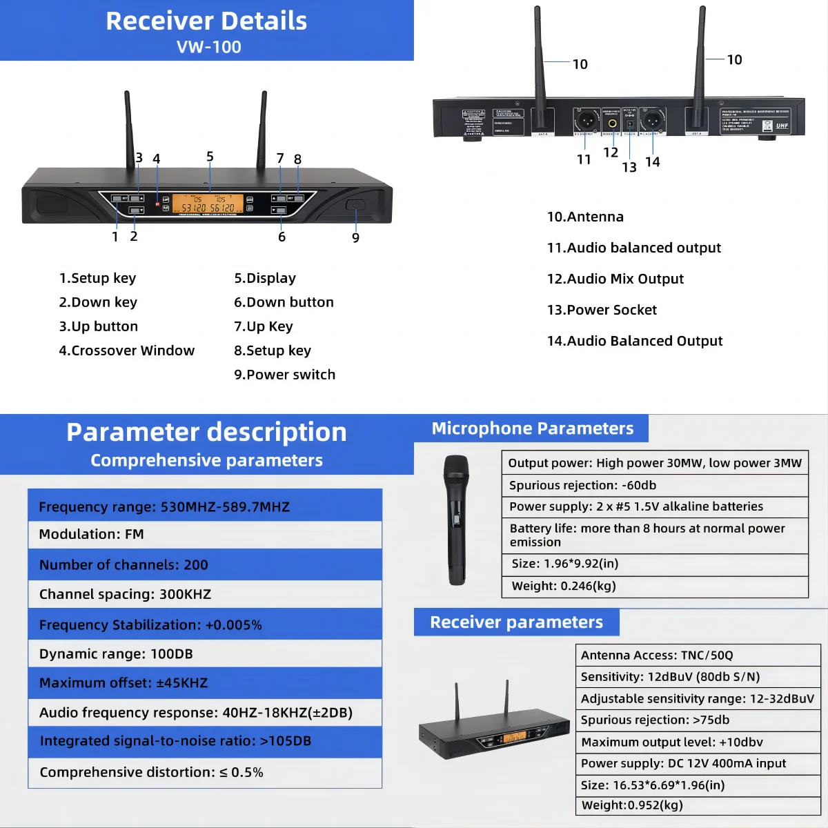 Set microfono wireless professionale Attrezzatura per spettacoli teatrali UHF Funzione di cancellazione del rumore Attività all'aperto Karaoke