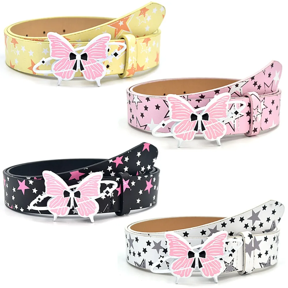 Trendy PU Women Belt Star Pattern Butterfly Buckle Waist Strap Y2K Style Alloy Dress Belt Daily