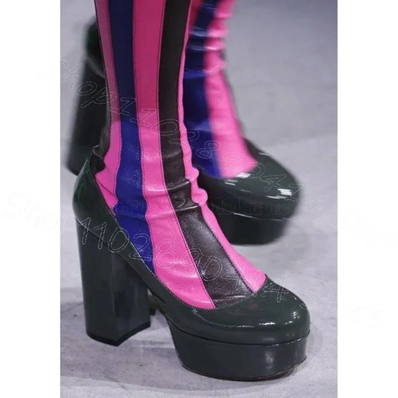 

Colorful Stripe Design Round Toe Platform Boots Side Zipper Women Shoes Chunky High Heels Party Runway 2025 Zapatos Para Mujere