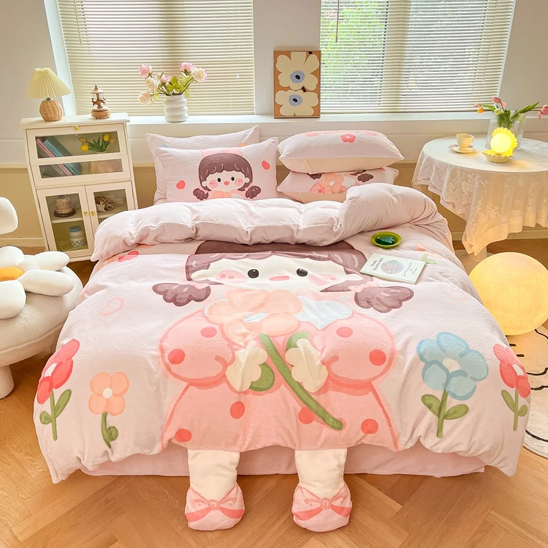 

New Fashion Bedding Set Girls Boys Kids Queen Size Flat Sheet Duvet Cover Pillowcase Bed Linens Cartoon Home Textile With Feet