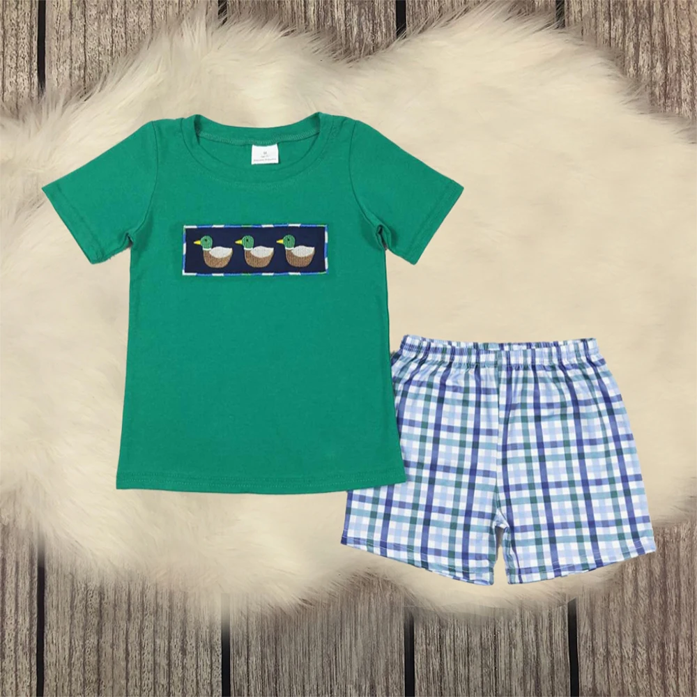 

Baby Boy Summer Sets Children Embroidery Ducks Tops Clothes Short Sleeves Fashion Infant Toddler Checkered Shorts Kids Outfit