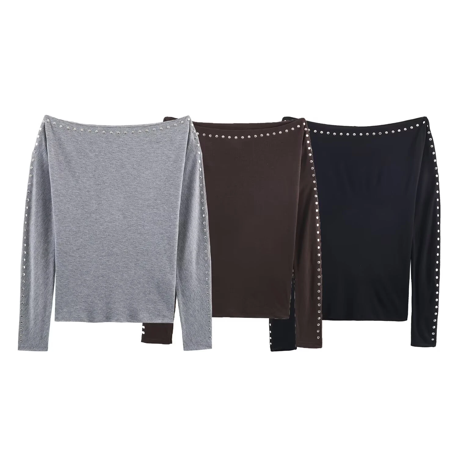 

casual temperament simple one collar rivet bat sleeve T-shirt European and American style 2025 winter new women's clothing