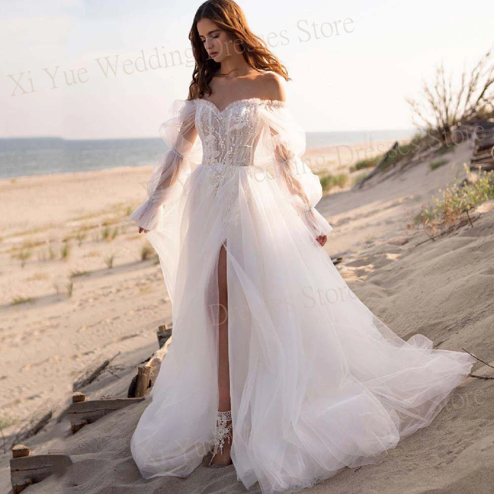 2024 Luxurious Pretty A Line Women's Wedding Dresses Sexy Appliques Lace Off The Shoulder Bride Gowns Puff Sleeve Robe De Mariee