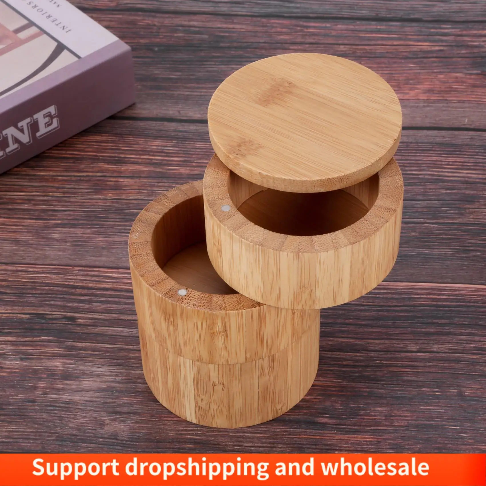 AA86 Bamboo Triple Salt Box,Wood Box,3-Tier Round Bamboo Box For Salt Or Spice With Magnetic Swivel Lid Spice Storage Box