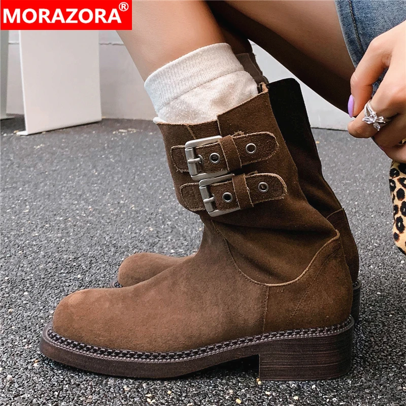 

MORAZORA Cow Suede Leather Ankle Boots Pull On Handmade Retro Autumn Winter Platform Pleated Short Half Boots Buckle Punk Boots