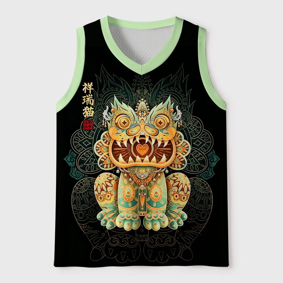 2026 new V-neck mesh basketball sports vest, Japanese ukiyo-e animal print sleeveless fitness muscle breathable sports jersey