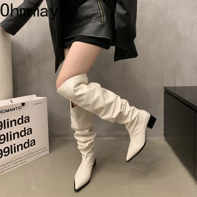 Stretch Soft Leather Women Over the Knee High Boots Fashion Pointed Toe Shoes Autumn Winter Thick Heel Ladies Long Booties