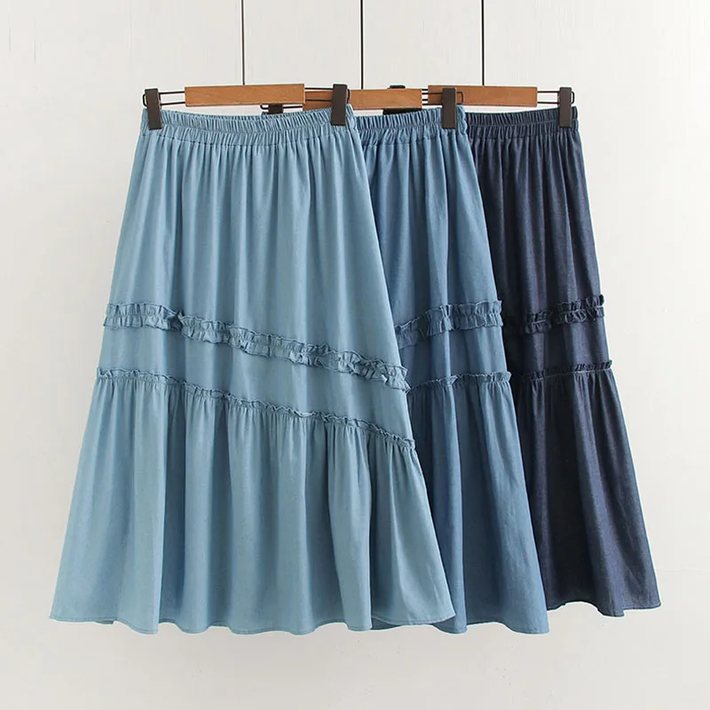 2026 Summer Retro Elastic High Waisted Denim Skirt Women's Ruffles Spliced A-Line Casual Skirts Korean Fashion Sweet Jean Skirts