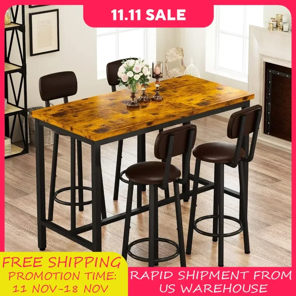 Bar table and set of 4 chairs, industrial counter height bar table with bar 5-piece set, PU upholstered stool with backrest