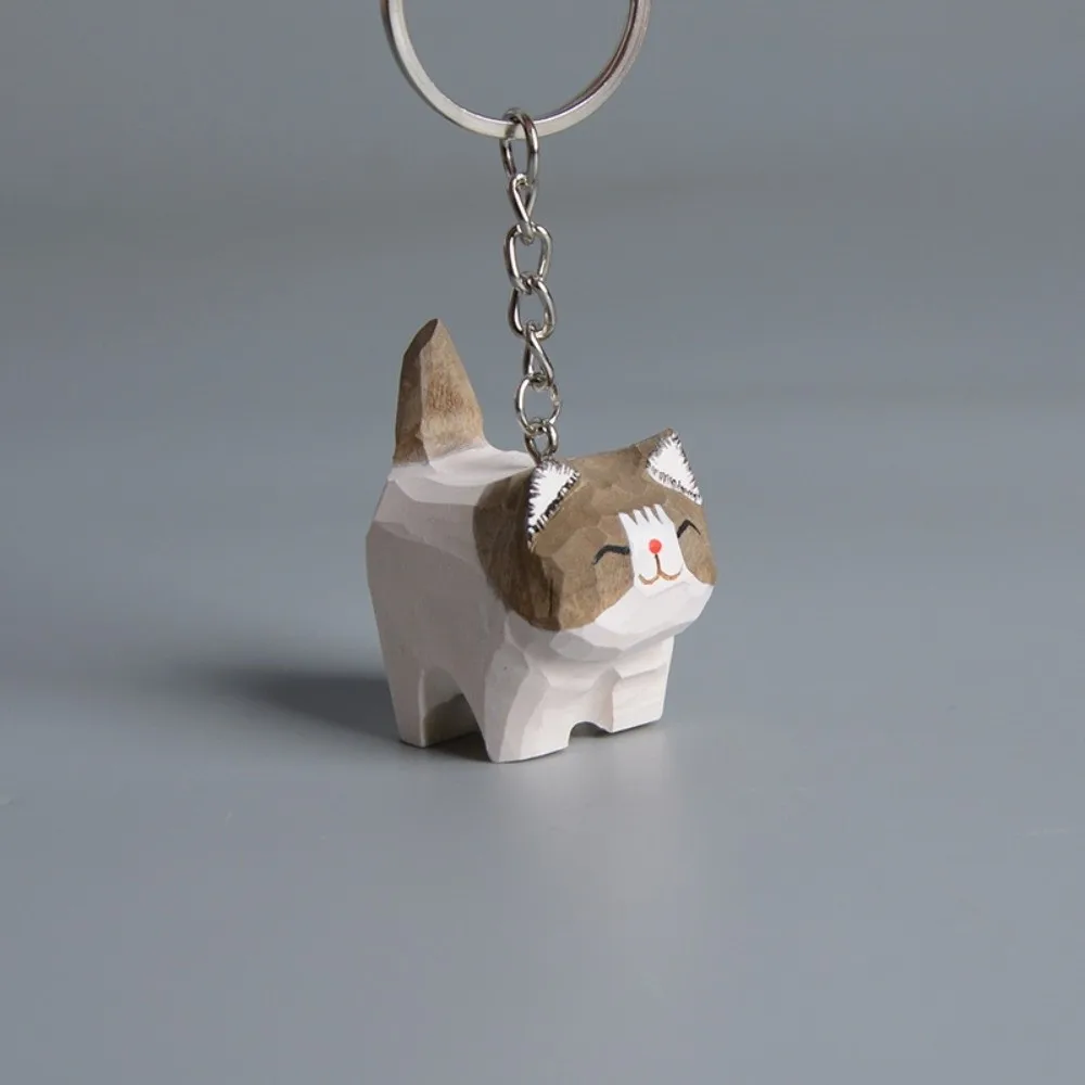 Handmade Wooden Carving Cat Keychain Creative Funny Ragdoll Cat Pendant Cartoon Kawaii Siamese Cat Keyring Hanging Accessory