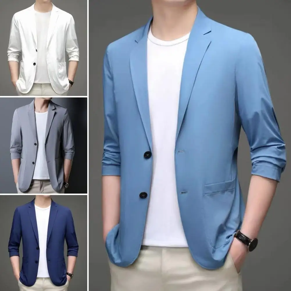 Men Blazers Slim Fit Double Buttons Business Jacket Lapel 3/4 Sleeves Commuting Suit Coat Solid Color Lapel Groom Coat