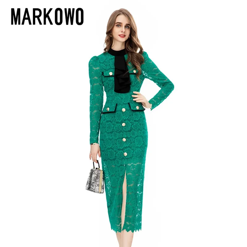 

MARKOWO Desinger Brand 2023 Feminine collar small fragrance heavy industry lace dress single row button slit slim long skirt