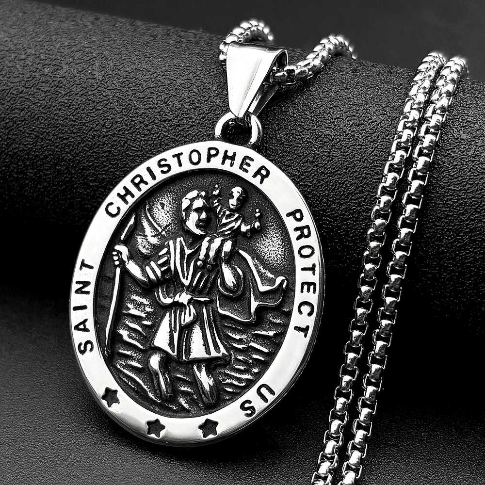 Saint Christopher Protect Us Cross Medal Necklace Stainless Steel Archangel Saints Protection Amulet Necklaces Jewelry NZZ303S05