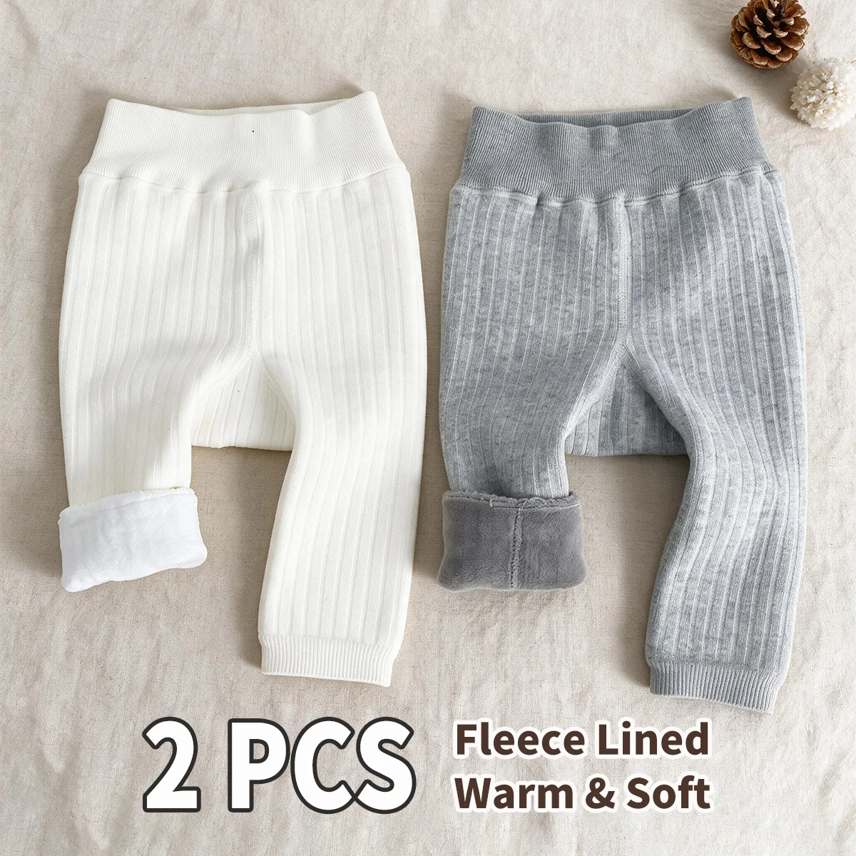 2 PCS Girls Thick Fleece Integrated Leggings, Simple Solid Color Ribbed Warm Pants for Toddler