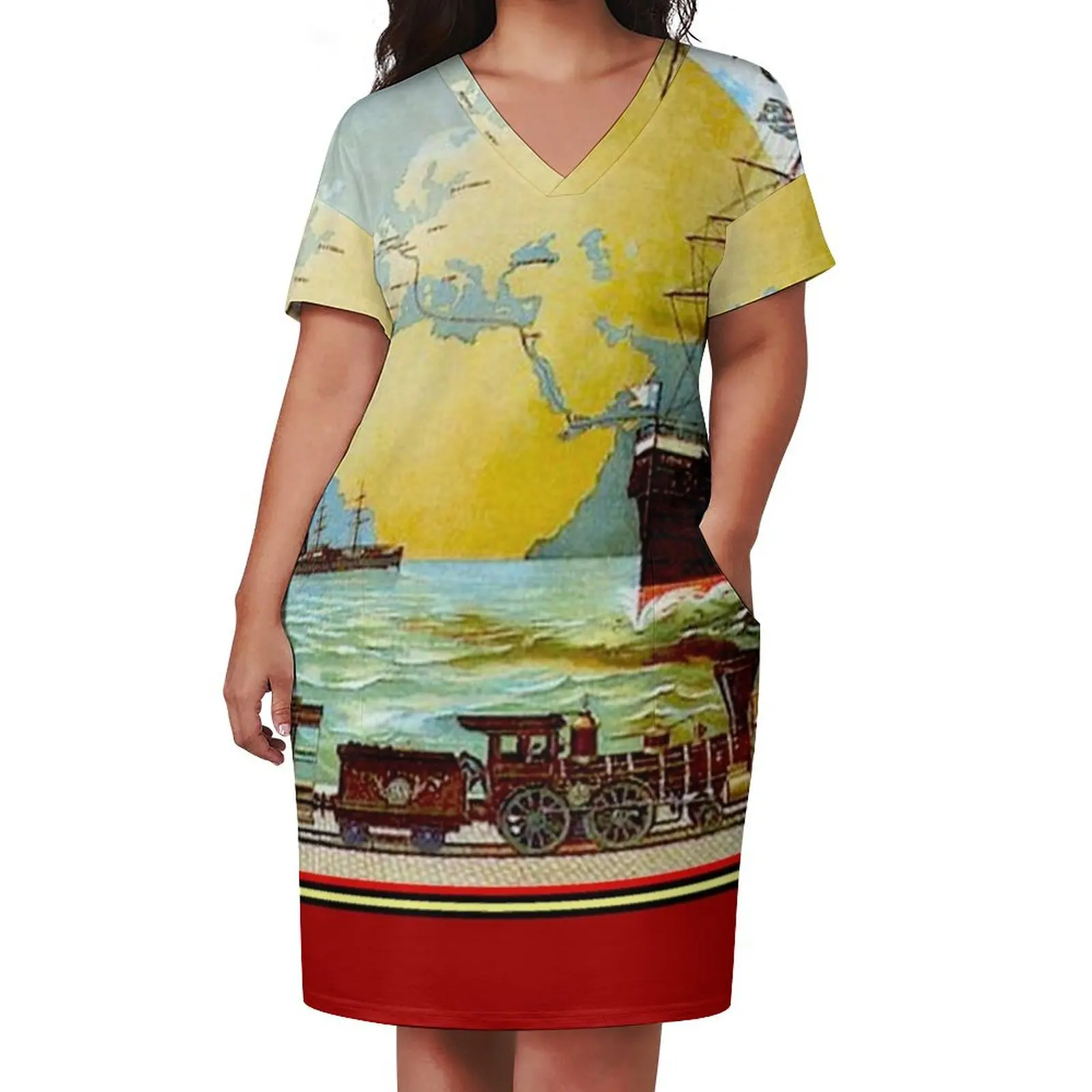 Around The World in 80 Days; Vintage Jules Verne Print Loose Pocket Dress Casual dresses Party dresses for women