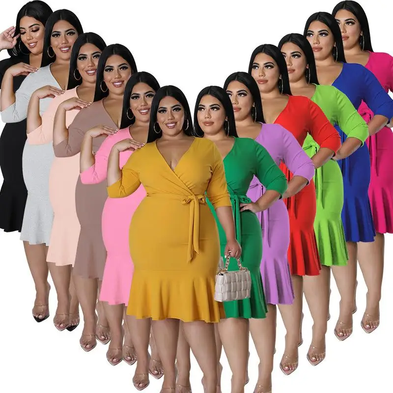 

Large Size Women's Mid-Sved Jumpsuit with Swing A-Line Dress City Walk Side Zipper V-Neck Five Sleeve mid Skirt Winter Fashion