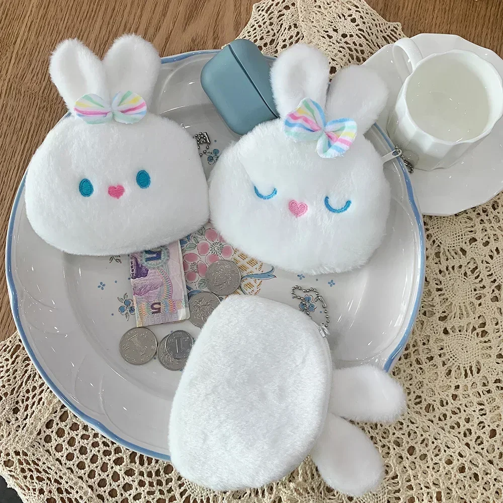 Cute White Rabbit Keys Earphone Organizer Bag Comfortable Soft Plush Rabbit Coin Purse for Small Photo Cards Storage Bag