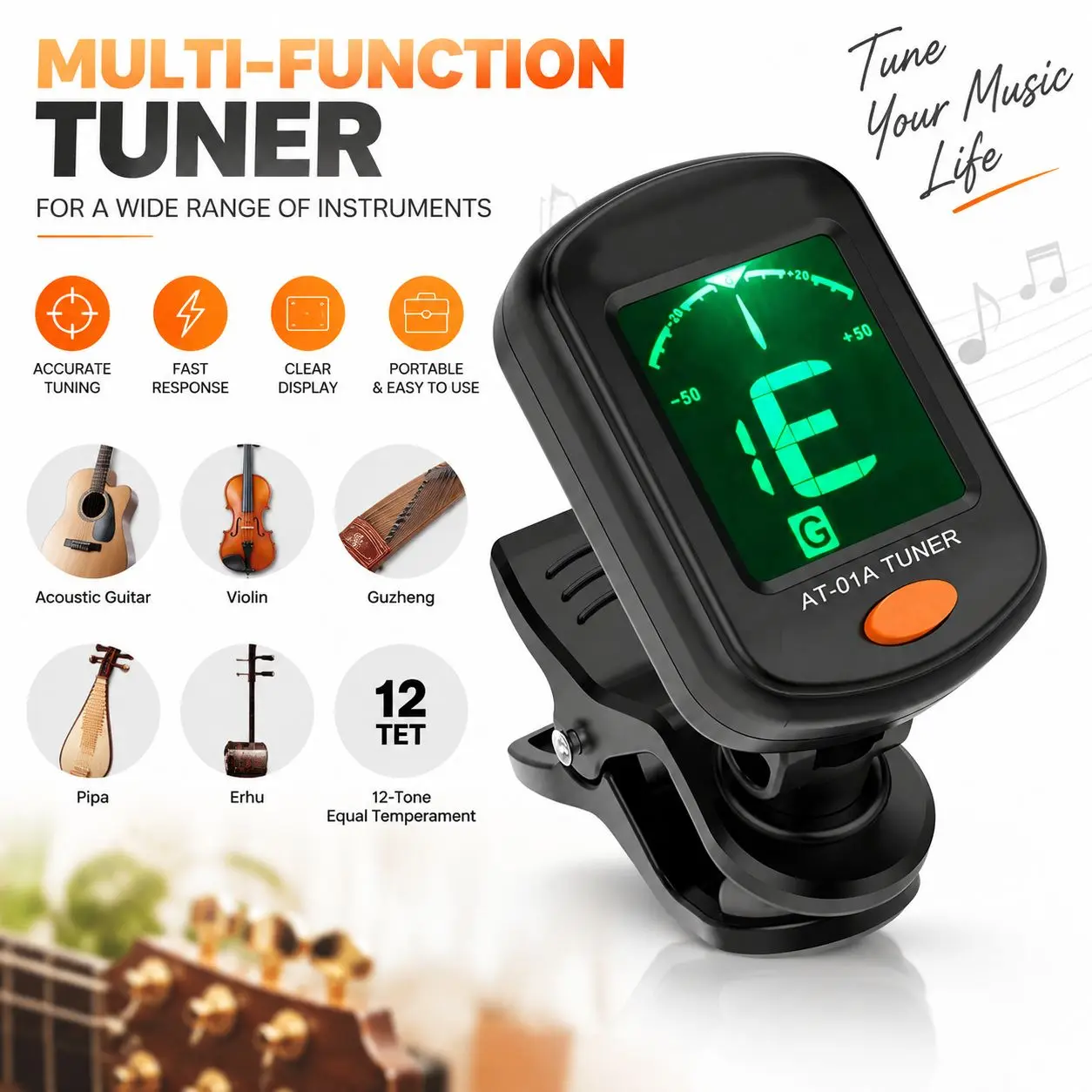 Professional Clip on Guitar Tuner Rotatable LCD Digital Electronic Tuner for Acoustic Folk Guitar Violin Bass Ukulele Chromatic Guzheng Folk Instruments High Accuracy Fast Tuning