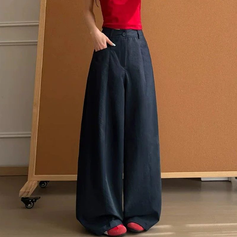 Navy Blue Women's Wide Leg Pants Autumn Chic High Waist Loose Straight Cut Pants Commute Suit Pants