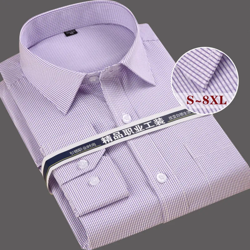 

Plus Size S To 8XL Plaid Men's Formal Dress Shirt Long Sleeve Cotton Slim Fit Designer Business Striped Male Social White Shirts