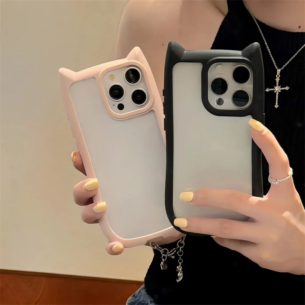 Korean Cute Funny Candy Color 3D Cat Ears Transparent Case For iPhone 15 14 13 12 Pro Max Kawaii Shockproof Back Cover Funda