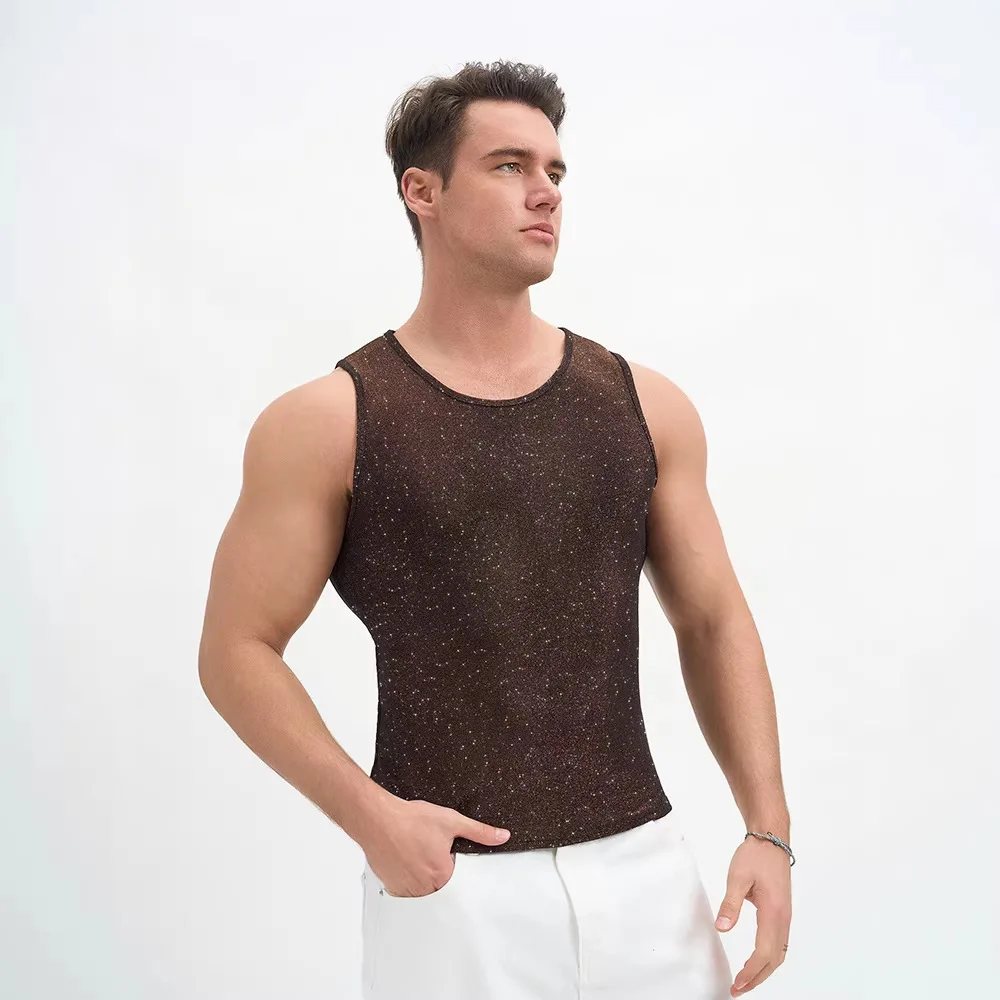 

Men's Minimalist Glitter Sequin Mesh Tank Top Music Festival Party Nightclub Sleeveless Top