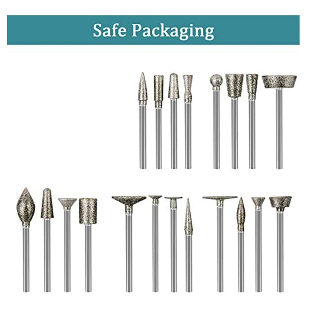 Stone Carving Set Diamond Burr Bits,20PCS Polishing Kits Rotary Tools Accessories with 1/8 Inch Shank for Carving