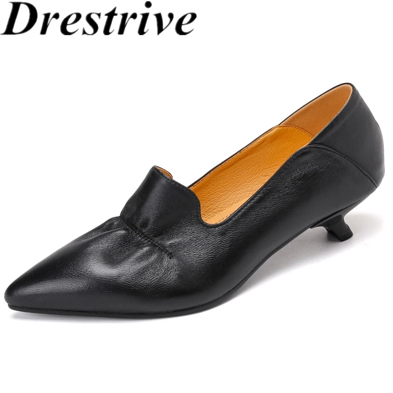 

Drestrive 2025 классические женские туфли-лодочки из овчины с острым носком на низком каблуке, плиссированные осенние туфли ручной работы из натуральной кожи