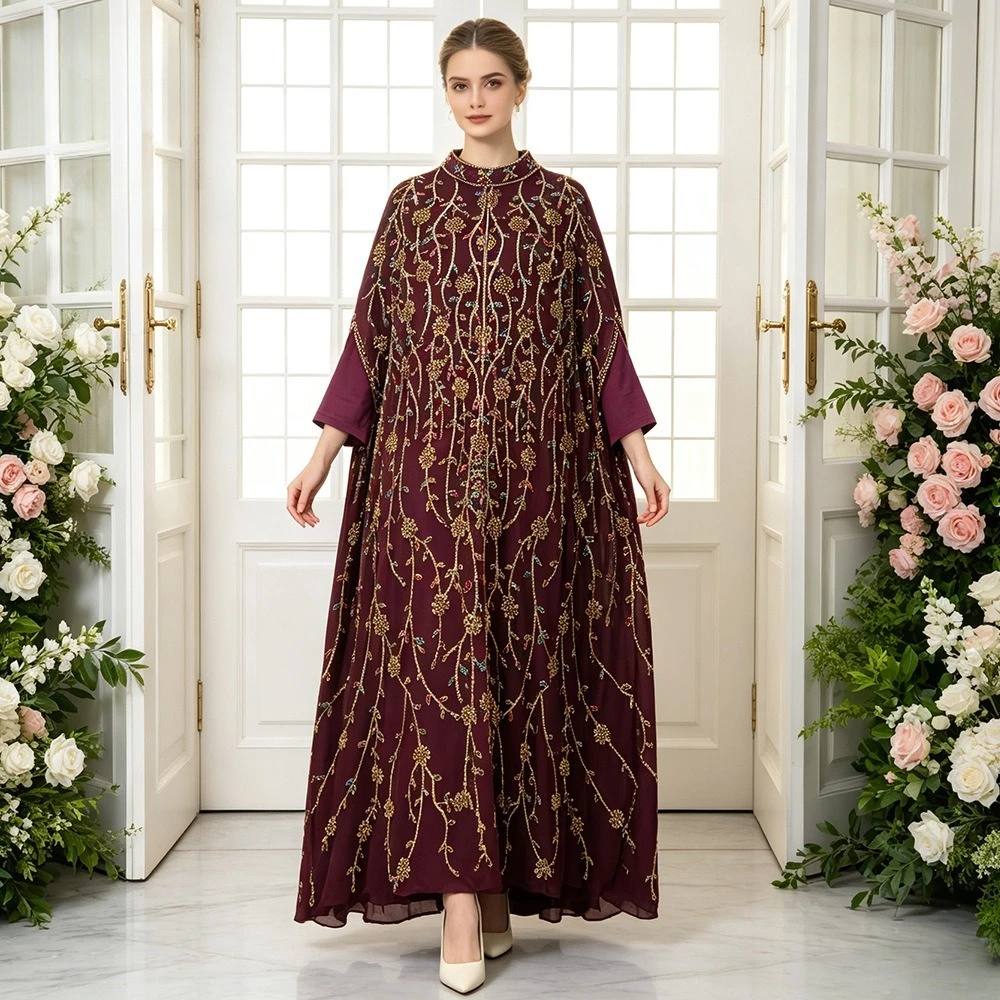 2-Piece Embroidered Kaftan Abaya Set with Inner Dress Women Dubai Jalabiya Gold Floral Long Sleeve Maxi Muslim Dress Eid Ramadan