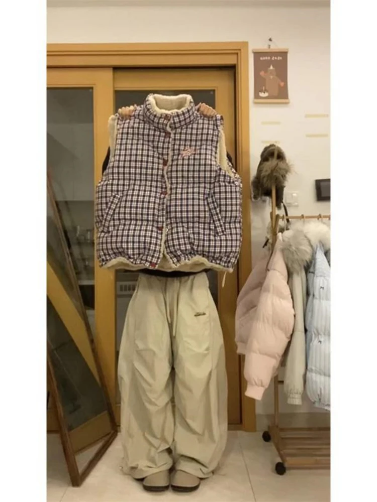 

Американский ретро-жилет в клетку с вышивкой, двусторонний, облегающий, из хлопка, универсальный, повседневный, для создания иллюзии стройности