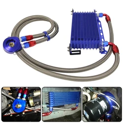 AN10 10Row 262mm Universal Engine Transmission Oil Cooler w/Bracket + Aluminum Filter Hose End Kit Blue/Black For 350z 4g63