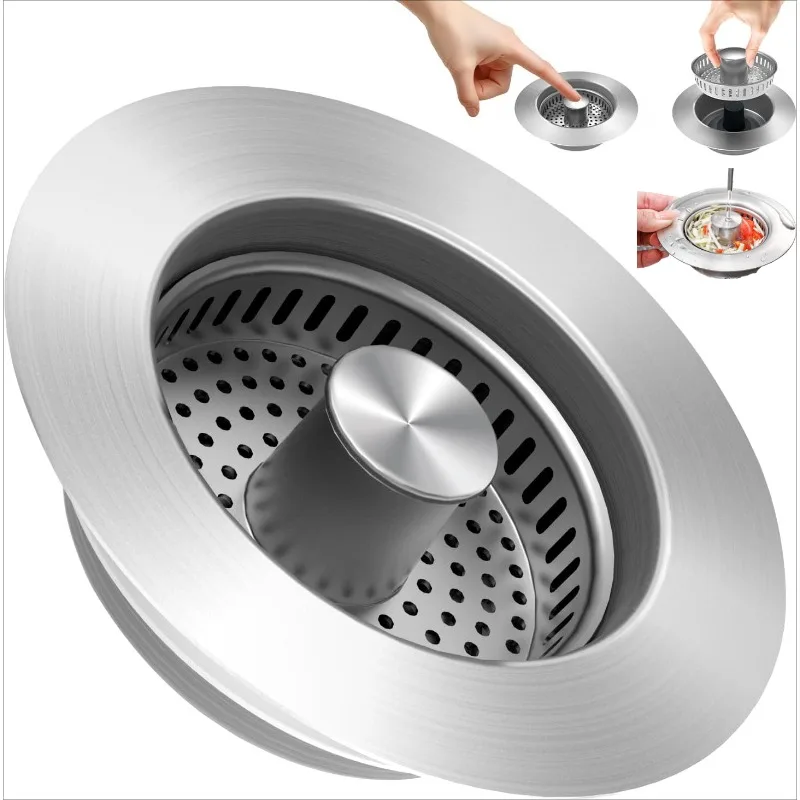 3 in 1 Kitchen Sink Drain Strainer Sink Stopper Easy Clean Pop-Up Stopper with Anti-Clogging Basket and Odor Filter